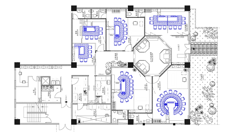 定制圓形+橢圓形+拱形+長(zhǎng)方形，共6個(gè)包間，上海鐵板燒餐廳CAD平面布局圖